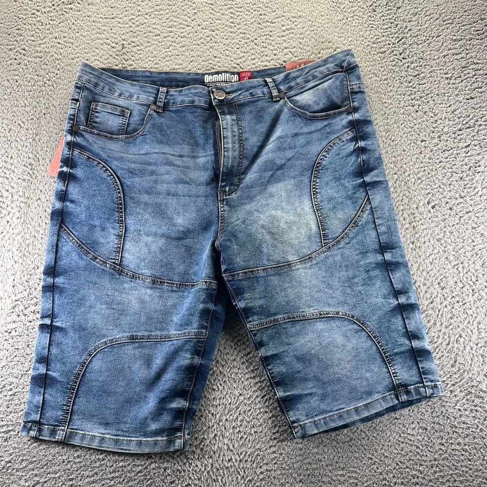 Demolition‎ Shorts Men's 44 Blue Cotton Denim Bermuda Stretch Faded Moto Biker